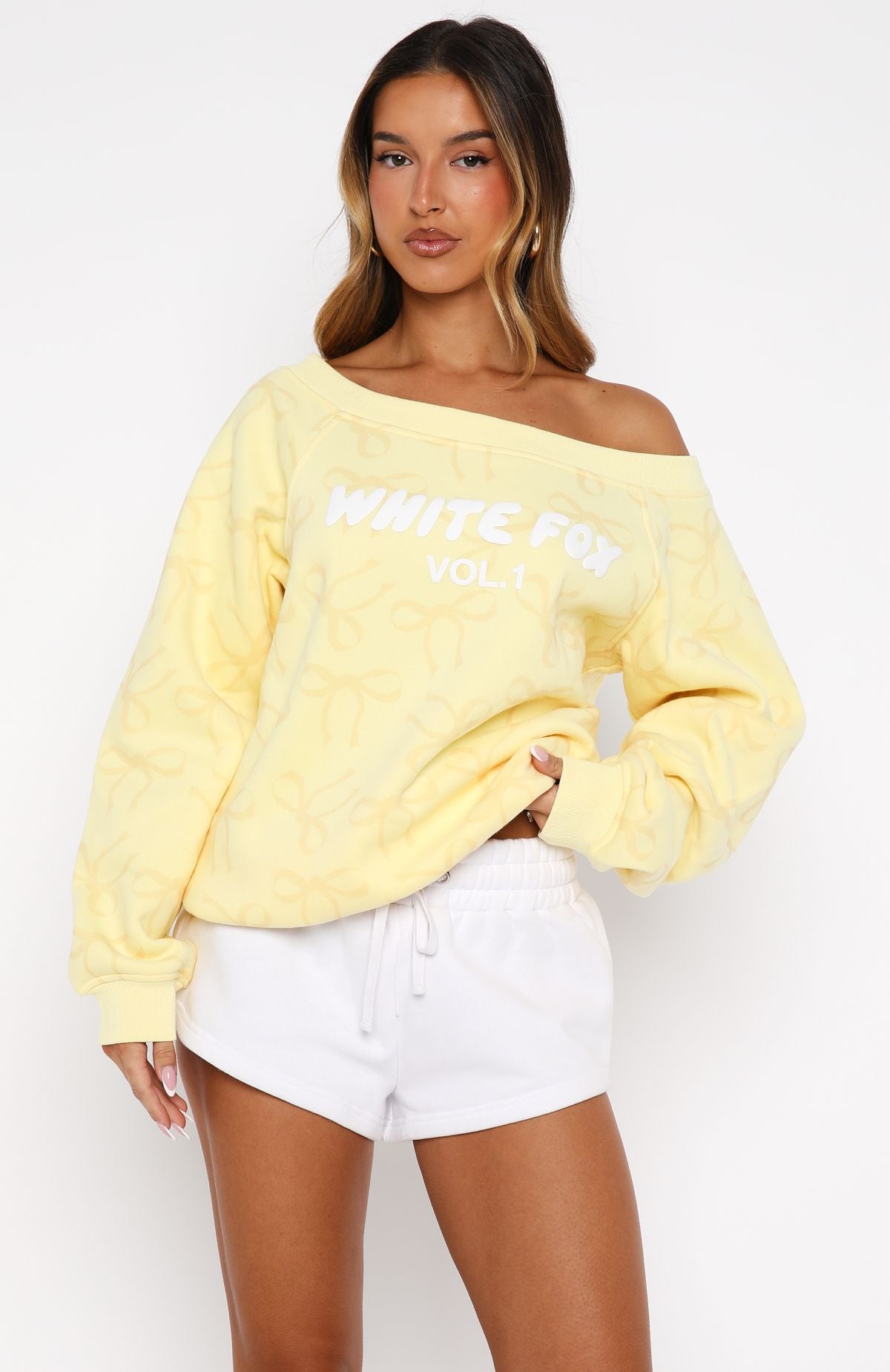 White Fox Vol. 1 Off Shoulder Printed Sweater Lemon Bow
