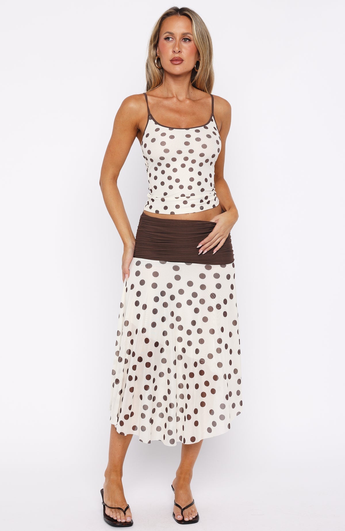 White Fox Mediterranean Mirage Midi Skirt Cream/Choc Polka Dot