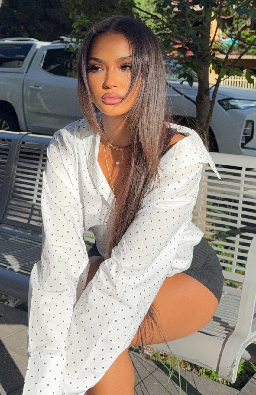 White Fox Always About Us Button Up Shirt White Polka Dot