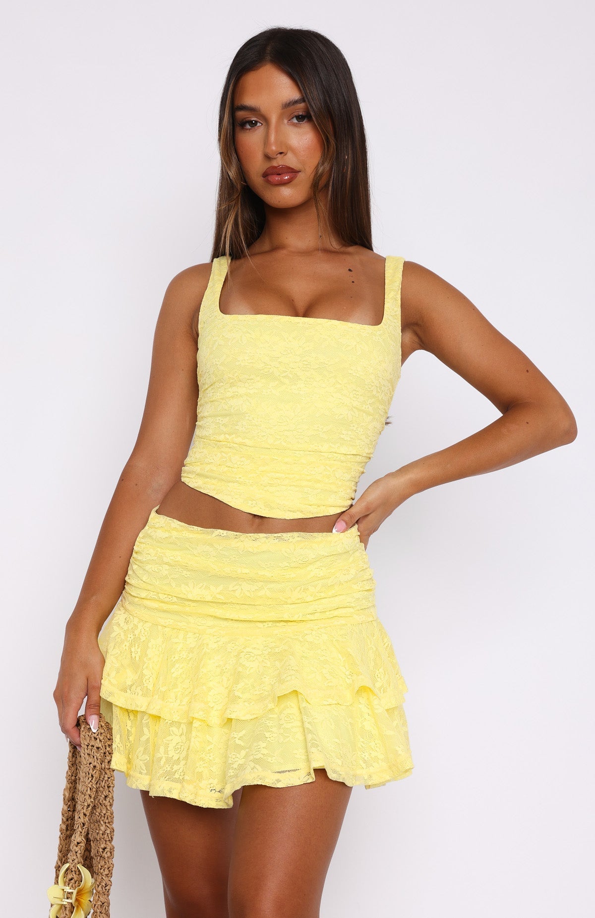 White Fox Let's Have Some Fun Lace Mini Skirt Lemon