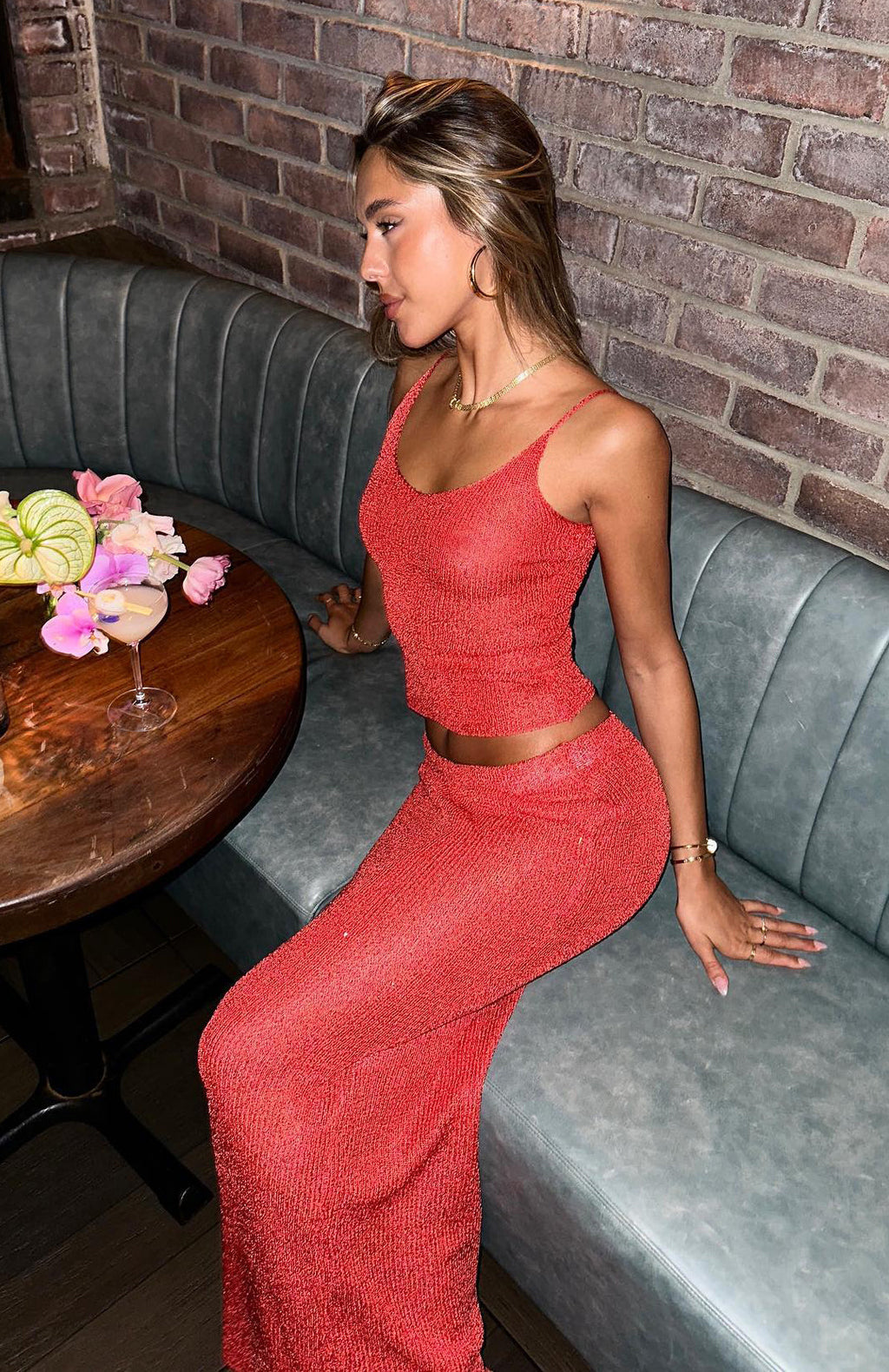 White Fox Star Shining Sequin Knit Maxi Skirt Red