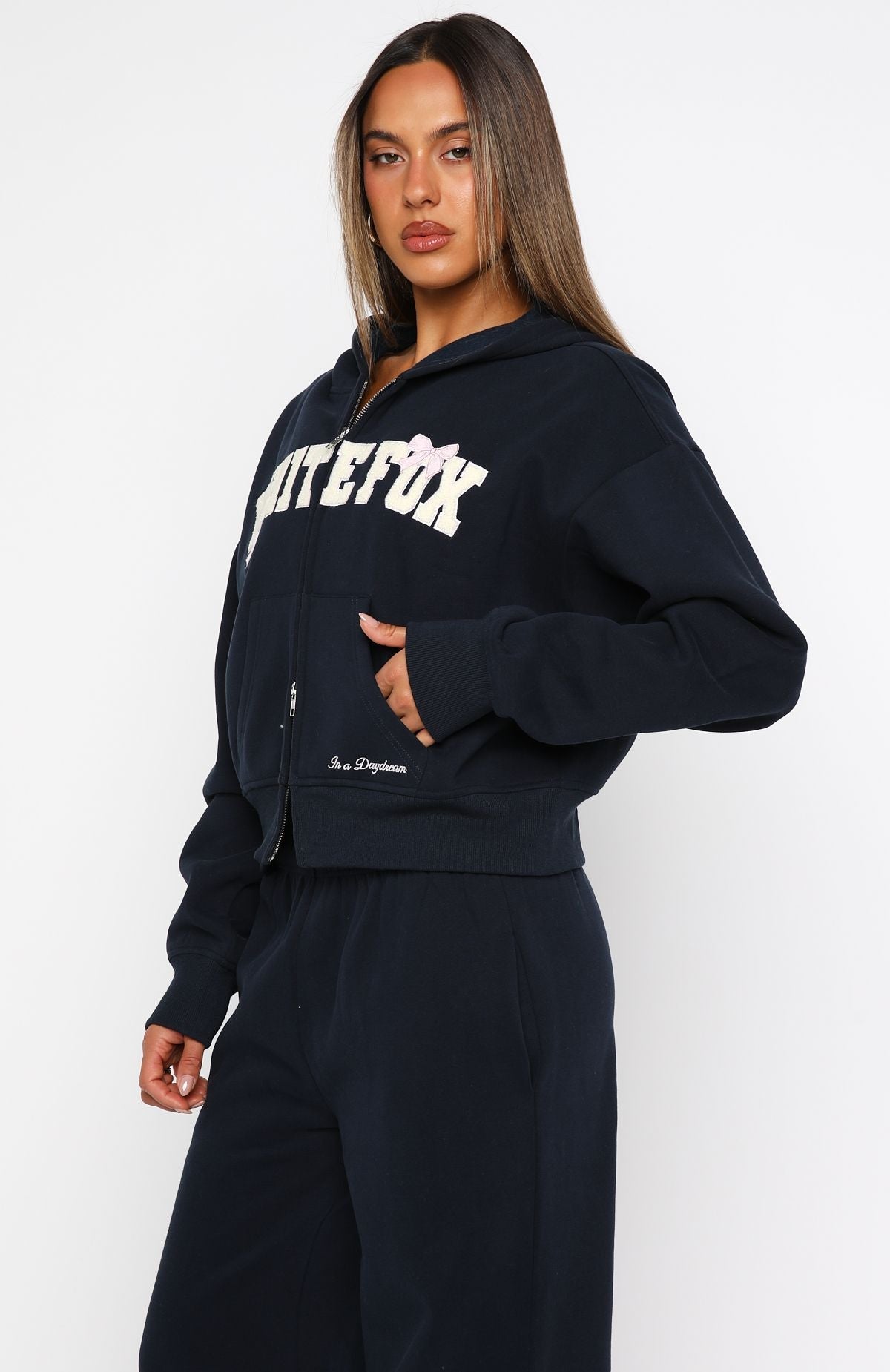 White Fox Daydreamers Madeline Boxy Zip Front Hoodie Navy