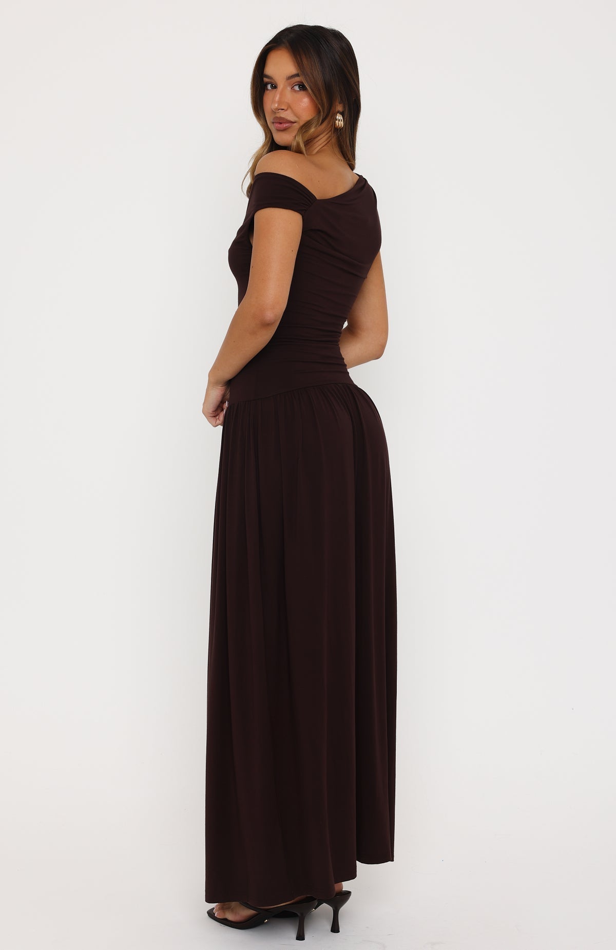 White Fox Don't Ask Off Shoulder Maxi Dress Dark Chocolate