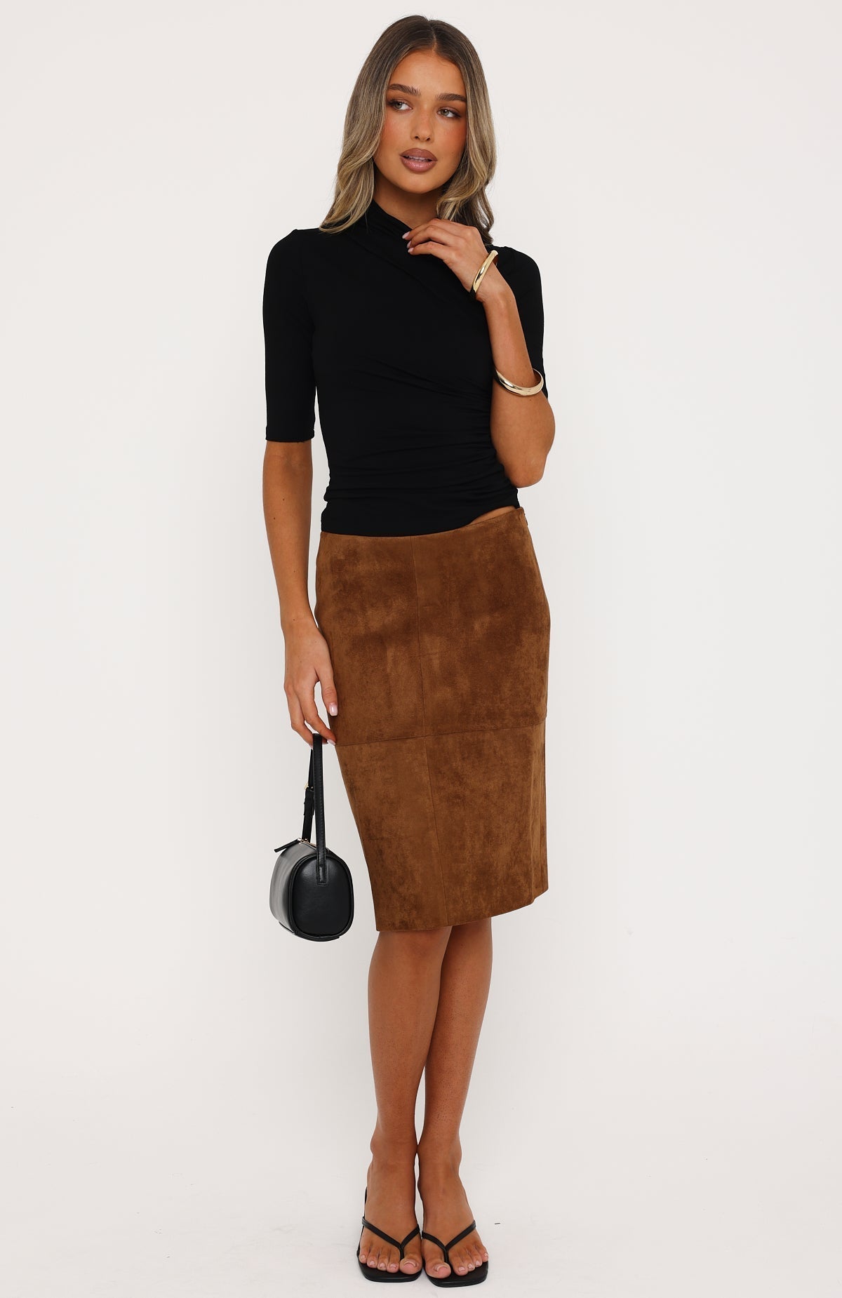 White Fox Ready For Business Faux Suede Midi Skirt Chestnut