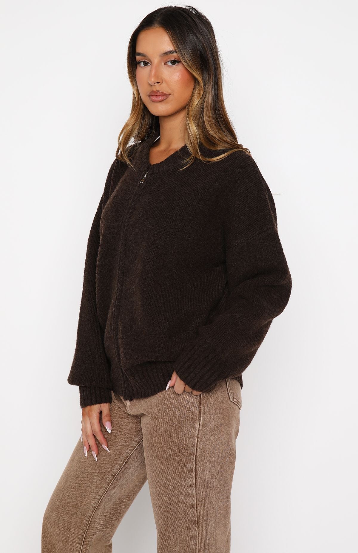 White Fox Unbreakable Bond Knit Jacket Chocolate