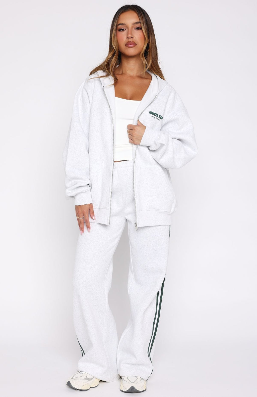 White Fox Lucky Thirteen Charise Zip Front Hoodie Grey Marle