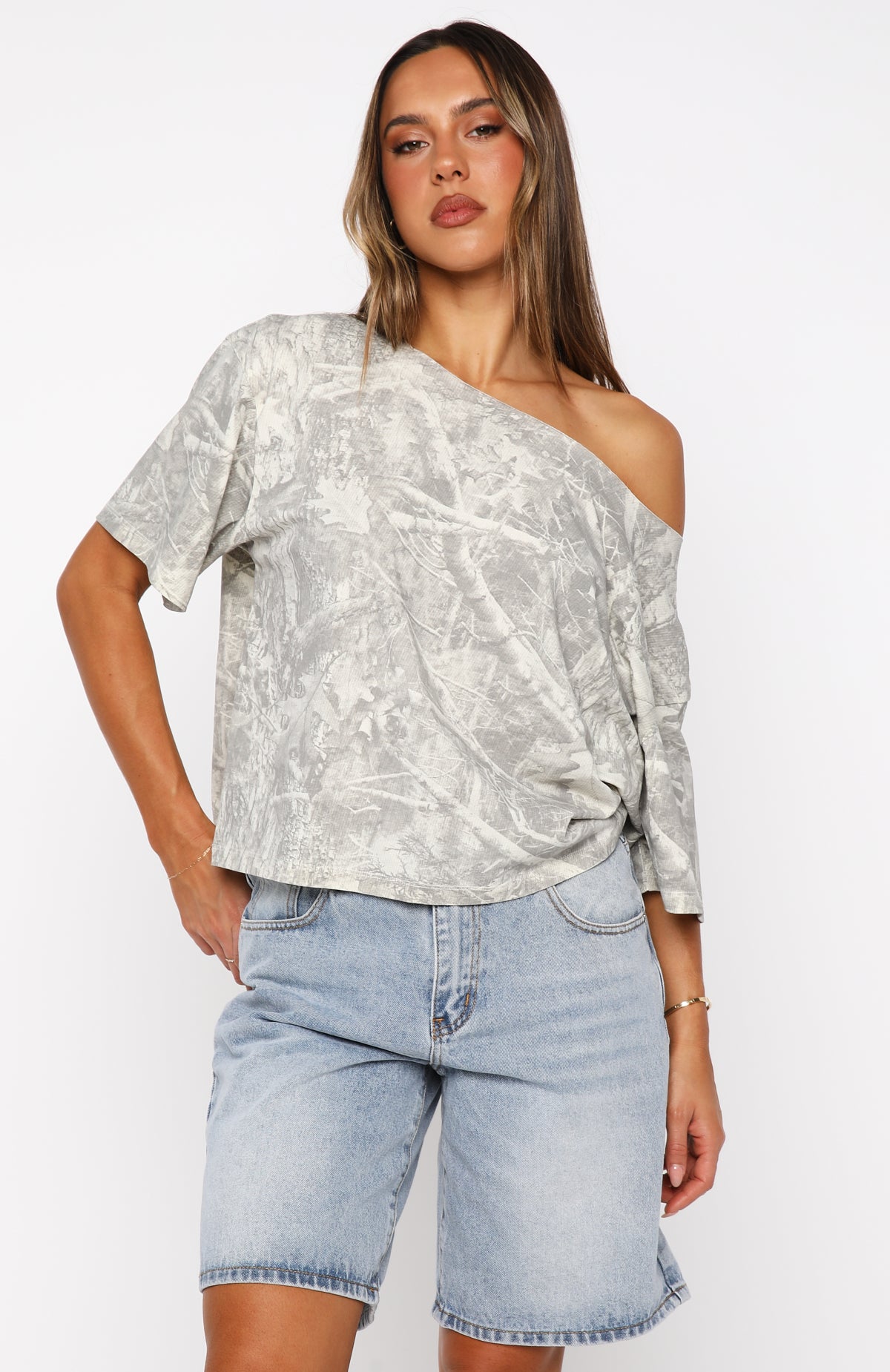 White Fox Travel The World Off Shoulder Oversized Tee Light Camo