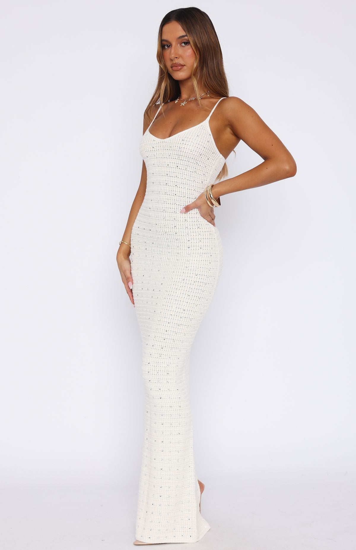 White Fox Gotta Give Me Embellished Crochet Maxi Dress Off White