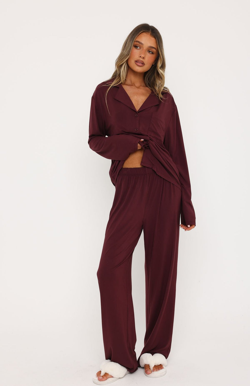 White Fox Pillow Talk Long Sleeve Pyjama Set Burgundy