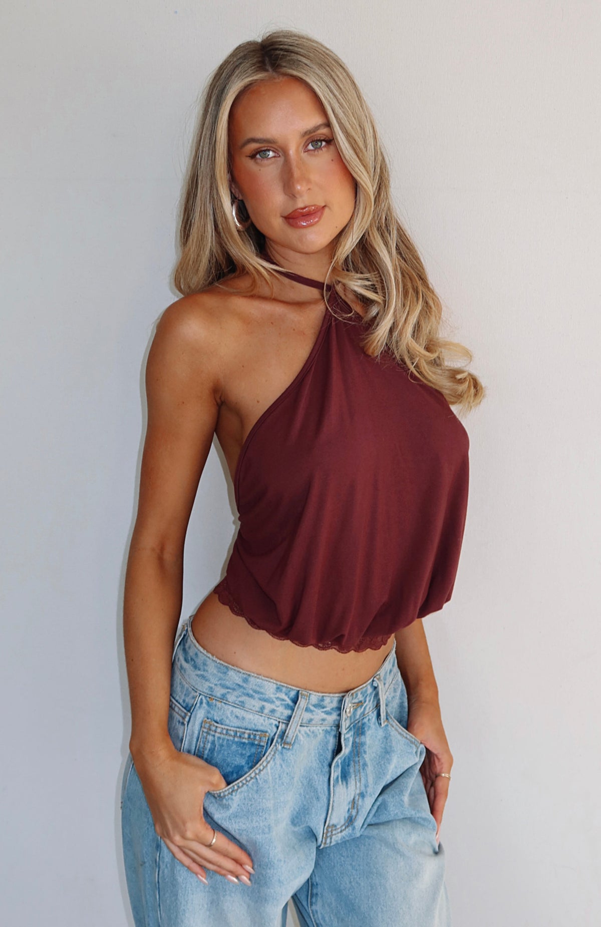 White Fox Endless Moment Cinched Waist Halter Top Burgundy