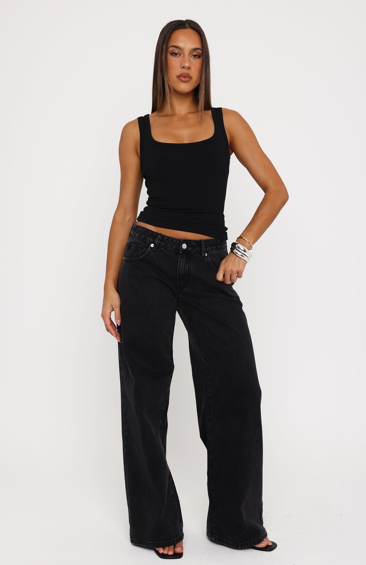 White Fox Maeve Low Rise Wide Leg Jeans Black Acid