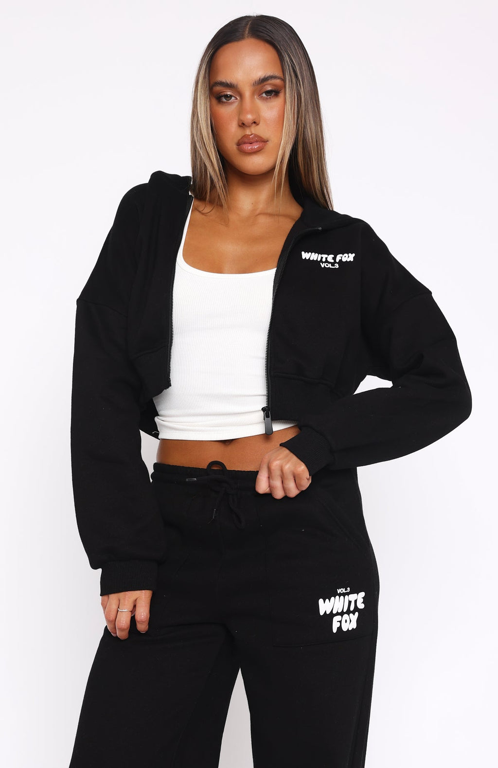 White Fox Offstage Cropped Zip Hoodie Monochrome