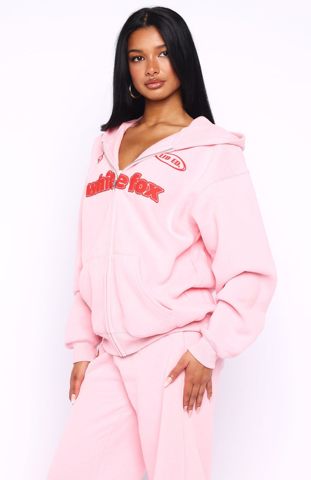 White Fox Ready To Go Zip Front Hoodie Pink