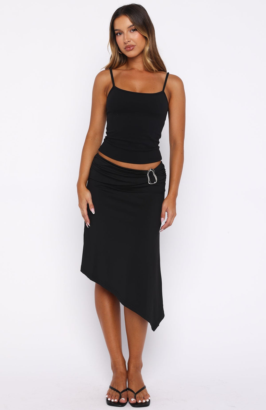 White Fox Sending My Love Asymmetric Midi Skirt Black