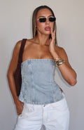 White Fox Not Listening Strapless Denim Top Light Blue Wash