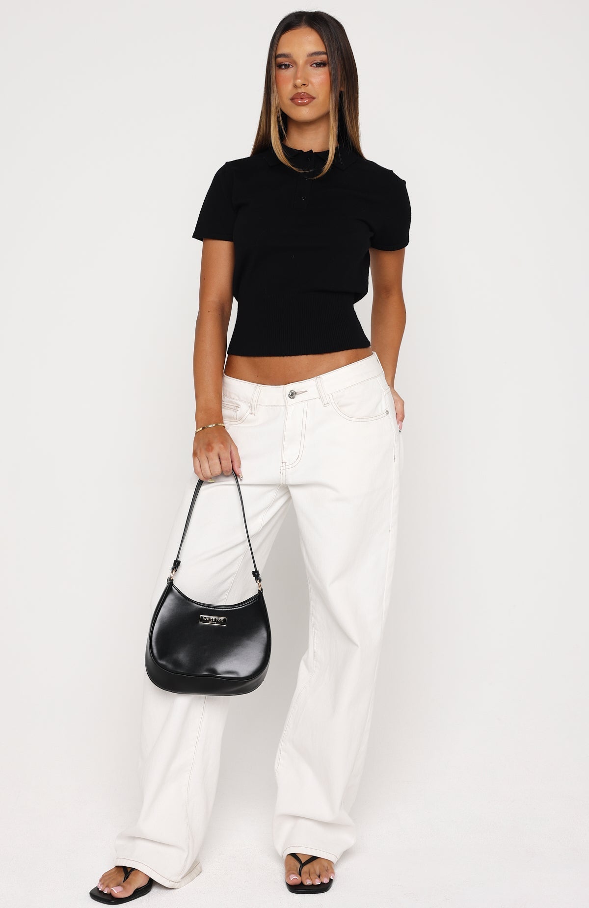 White Fox Sweet But Serious Cinched Waist Collared Top Black