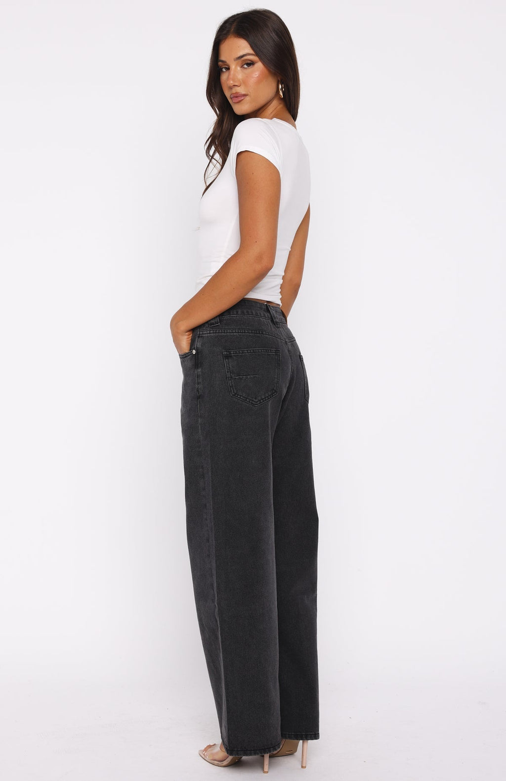 White Fox Clarissa Low Rise Wide Leg Jeans Black Acid