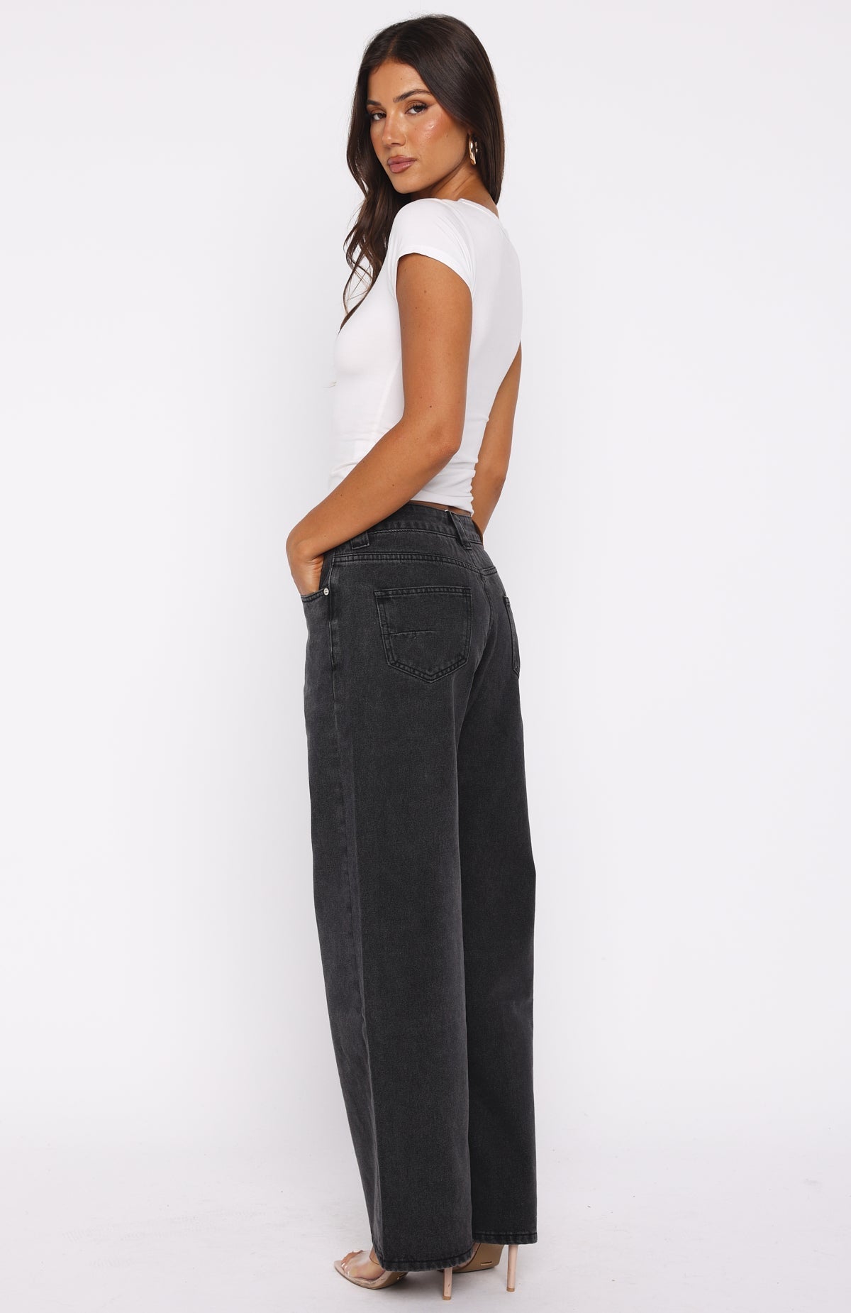 White Fox Clarissa Low Rise Wide Leg Jeans Black Acid