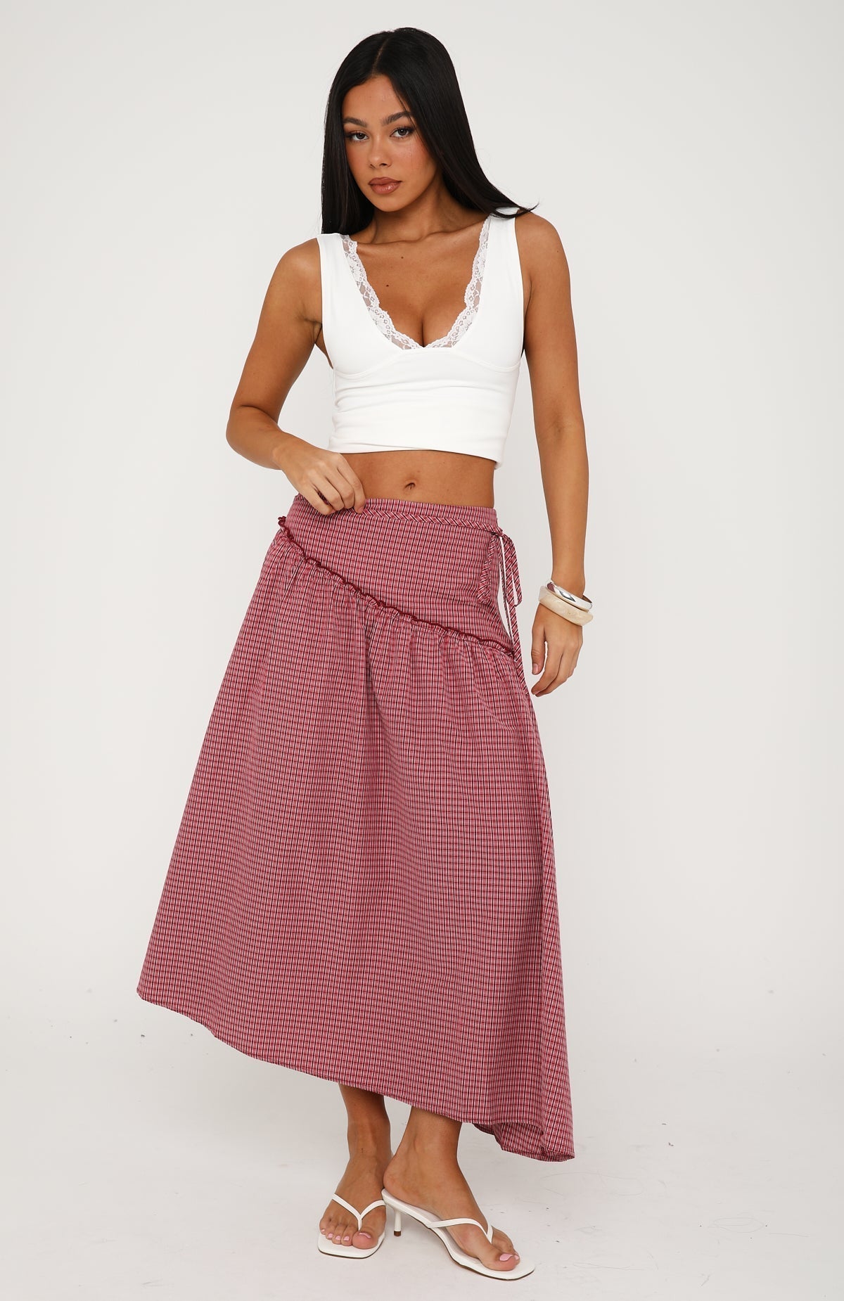 White Fox Feeling Groovy Maxi Skirt Red Gingham