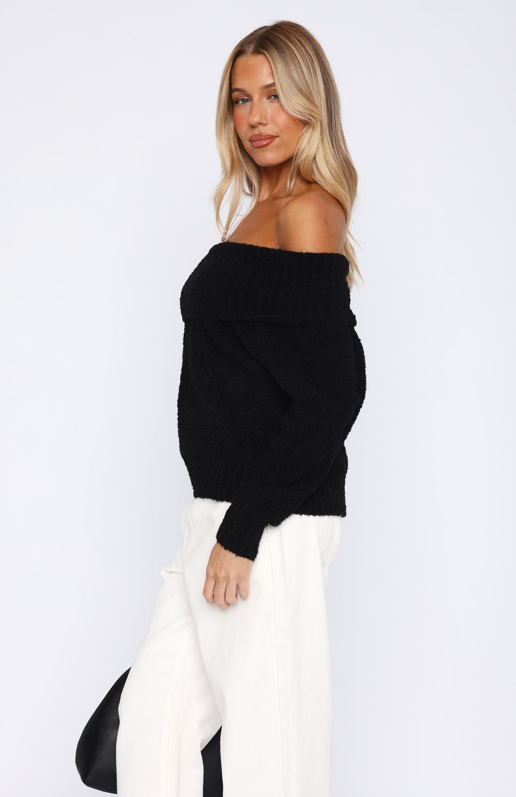 White Fox You Don't Need Me Off Shoulder Knit Sweater Black