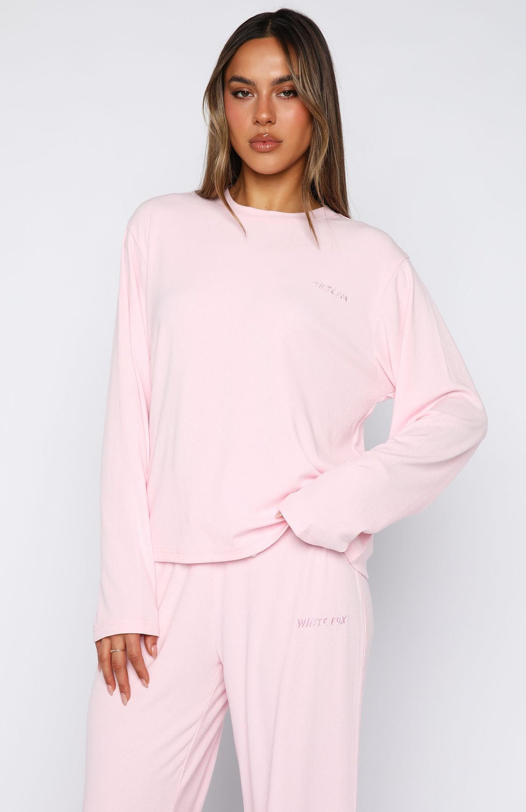 White Fox Come A Long Way Soft Lounge Relaxed Long Sleeve Ribbed Tee Pink
