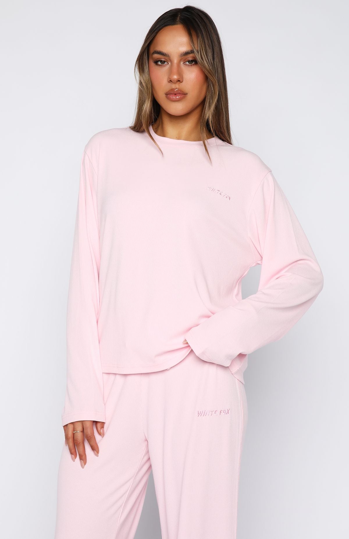 White Fox Come A Long Way Soft Lounge Relaxed Long Sleeve Ribbed Tee Pink