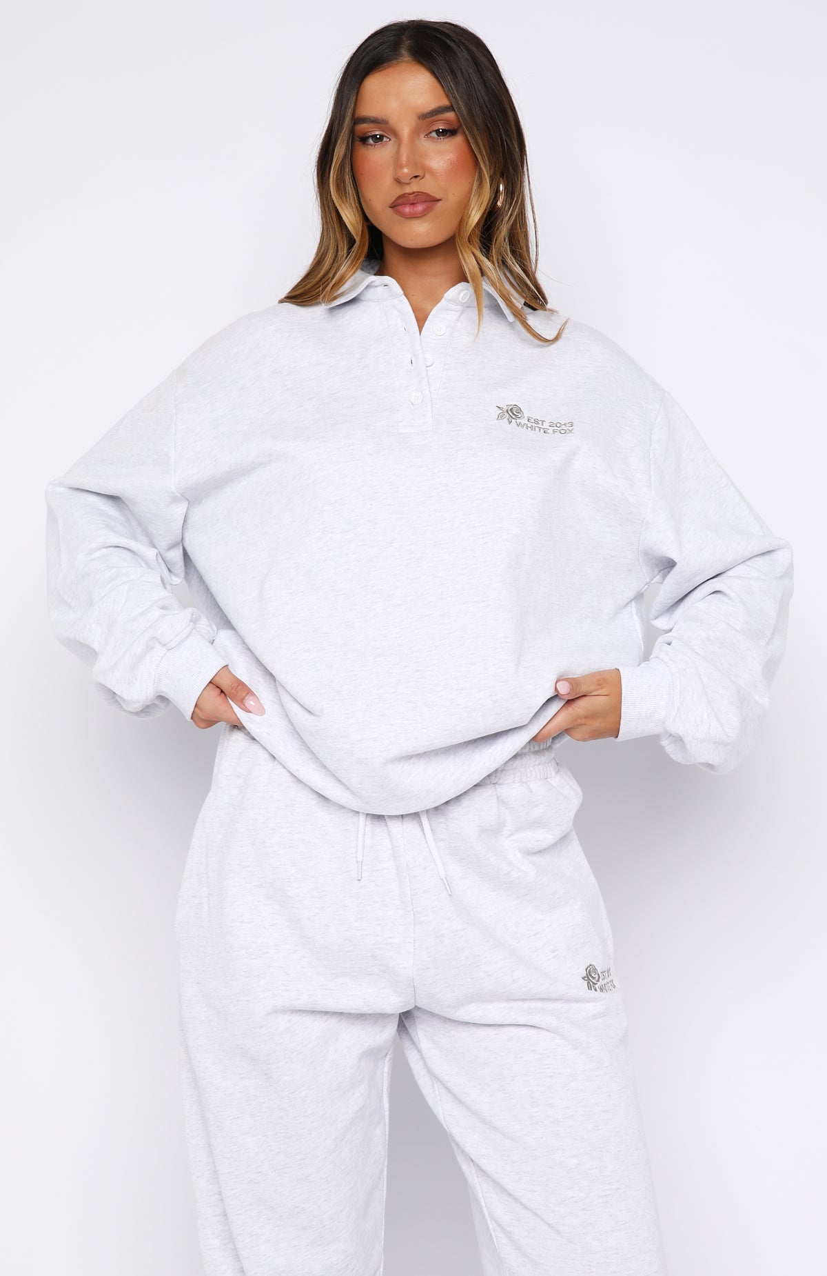 White Fox Can't Be Changed Oversized Henley Sweater Grey Marle