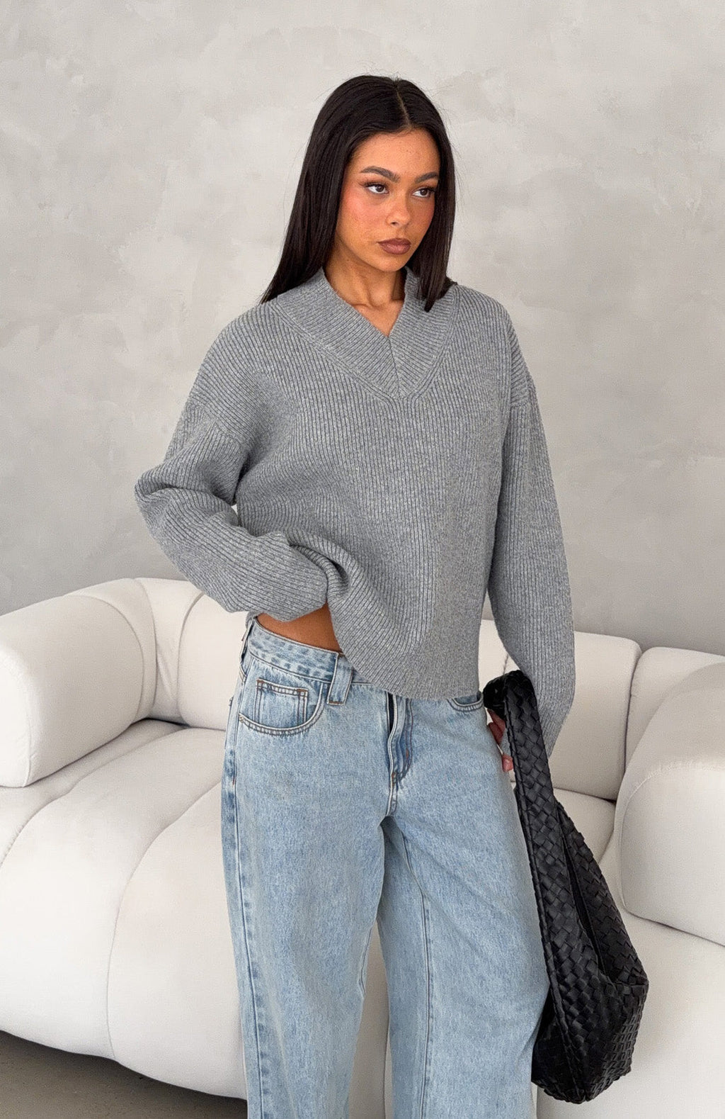 White Fox Luzia V Neck Knit Sweater Grey