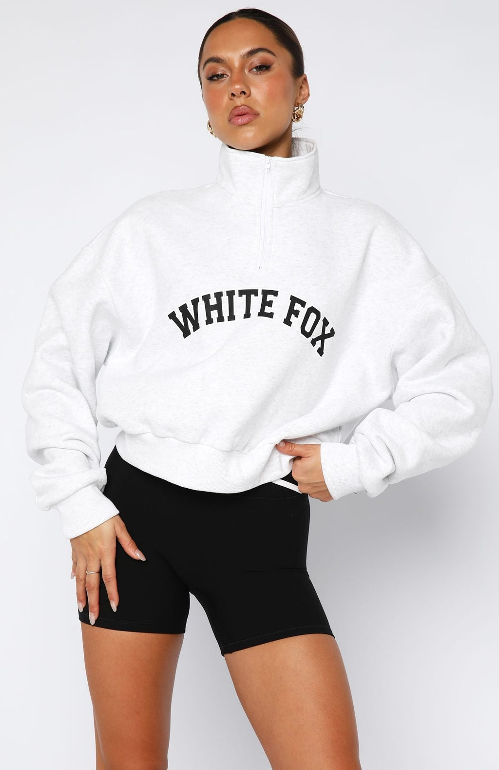 White Fox Let The Bells Ring Cropped Quarter Zip Sweater Grey Marle