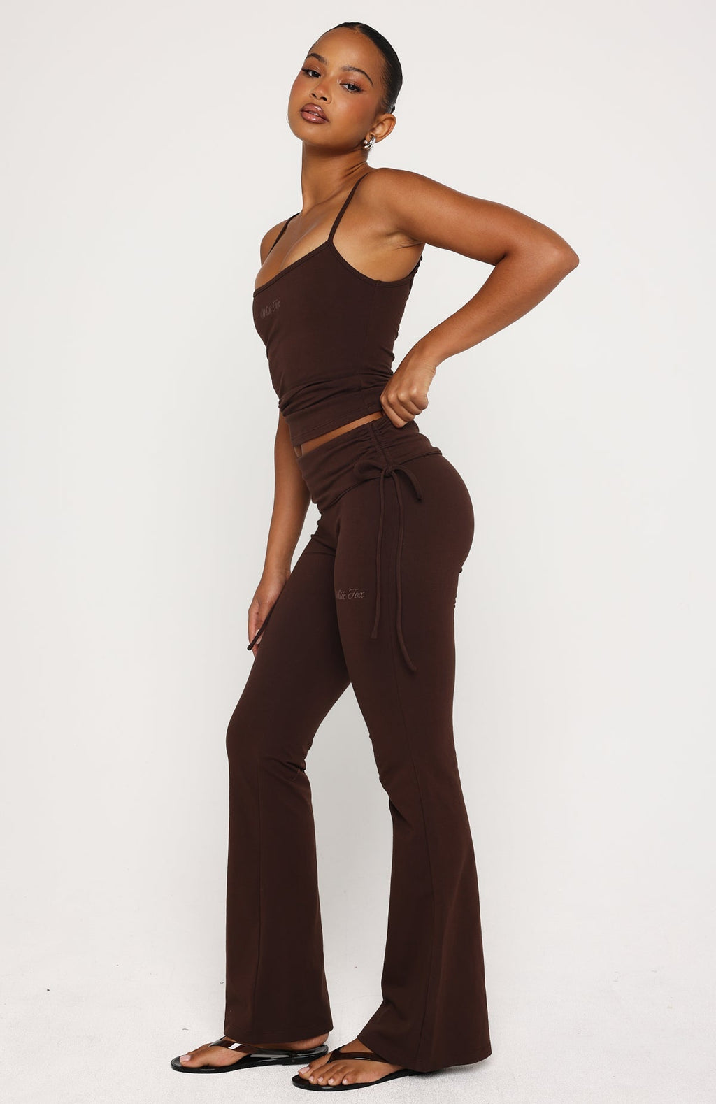 White Fox Pretty Vibes Fold Over Flare Pants Chocolate