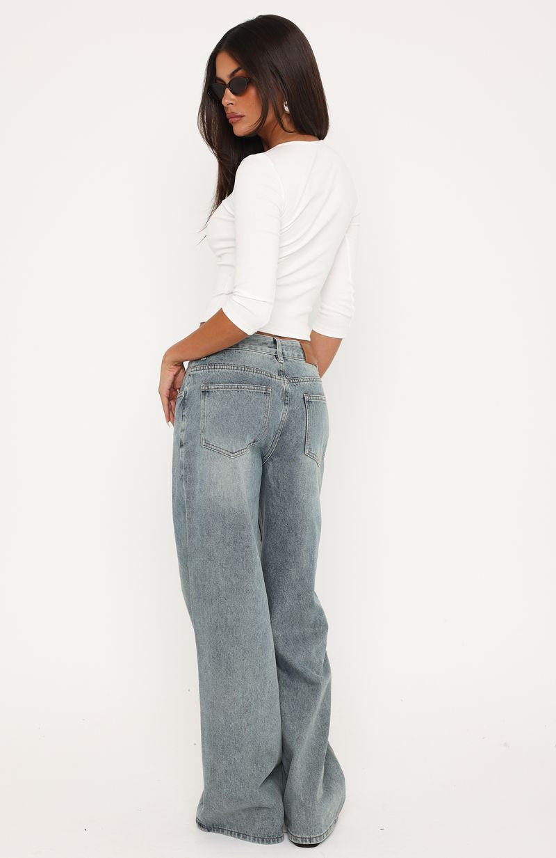 White Fox Just My Type Mid Rise Wide Leg Jeans Sand Wash