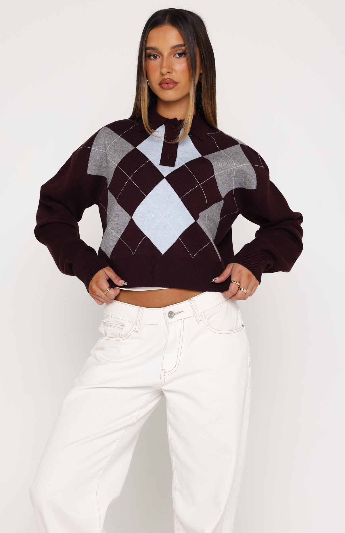 White Fox Cinzia Argyle Knit Sweater Mulled Merlot