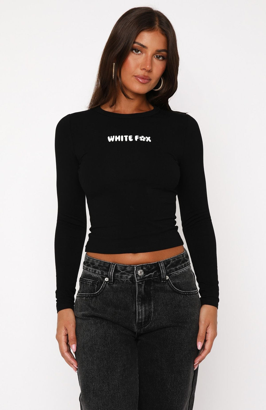 White Fox Love Addiction Long Sleeve Baby Tee Black