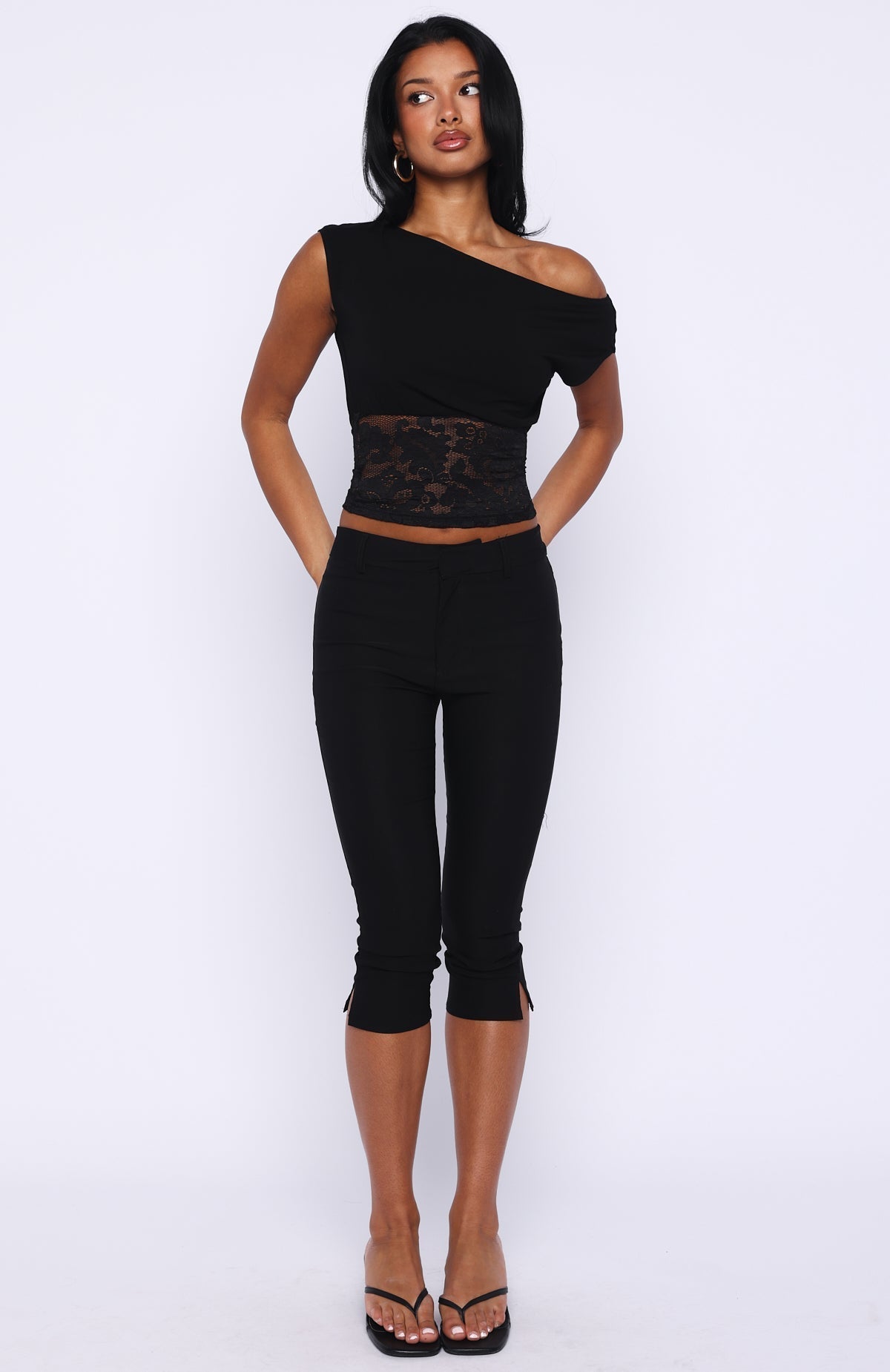 White Fox Mesmerised Eyes Off Shoulder Top Black