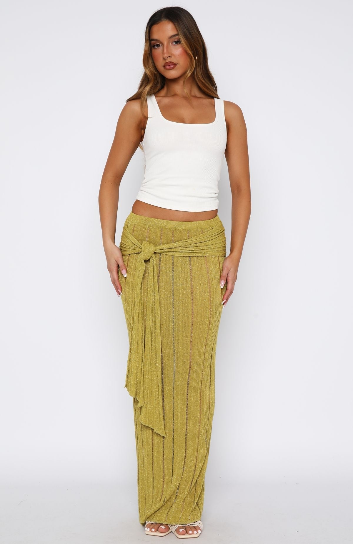 White Fox Out At Sea Knit Maxi Skirt Chartreuse