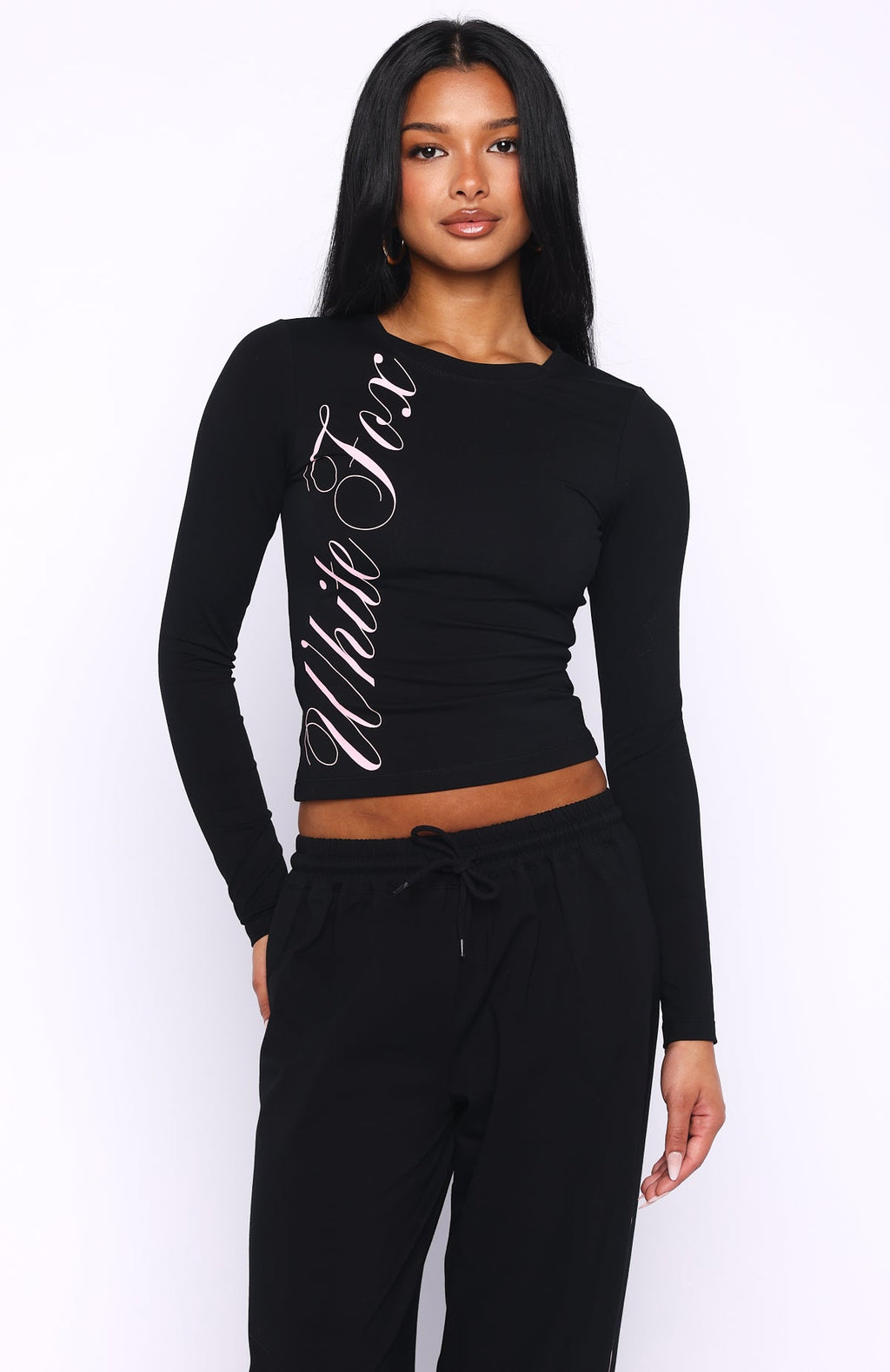 White Fox Luxurious Girl Long Sleeve Baby Tee Black