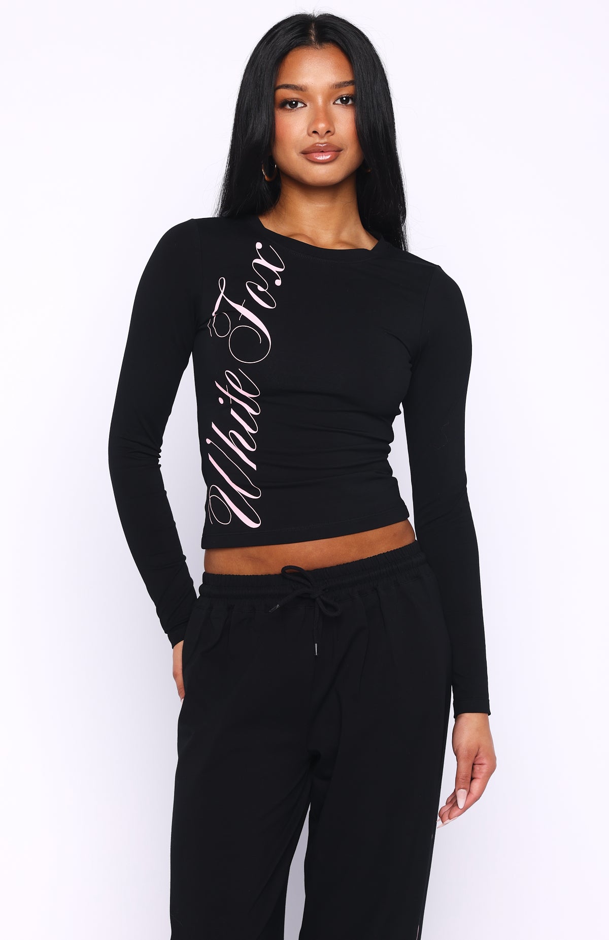 White Fox Luxurious Girl Long Sleeve Baby Tee Black