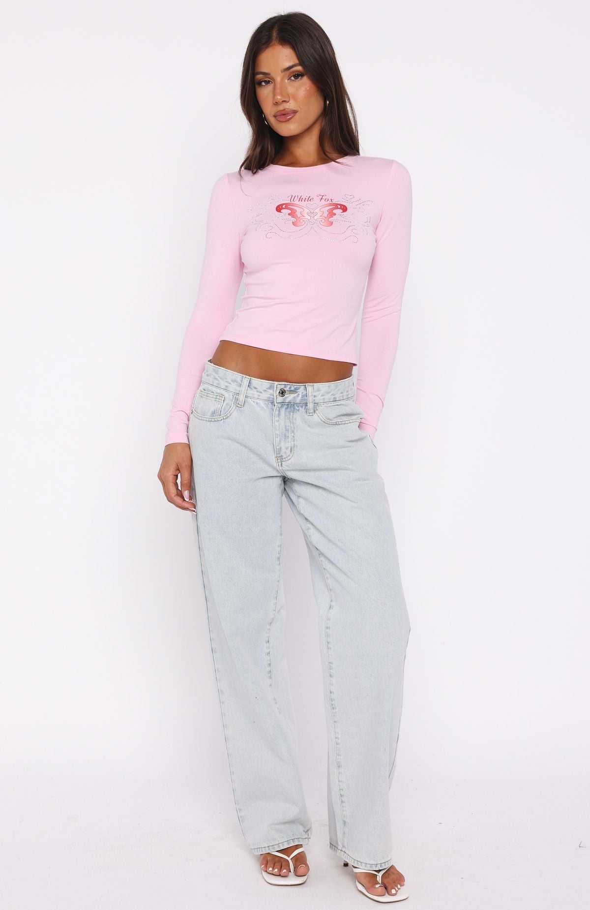 White Fox Chasing Butterflies Long Sleeve Baby Tee Pink