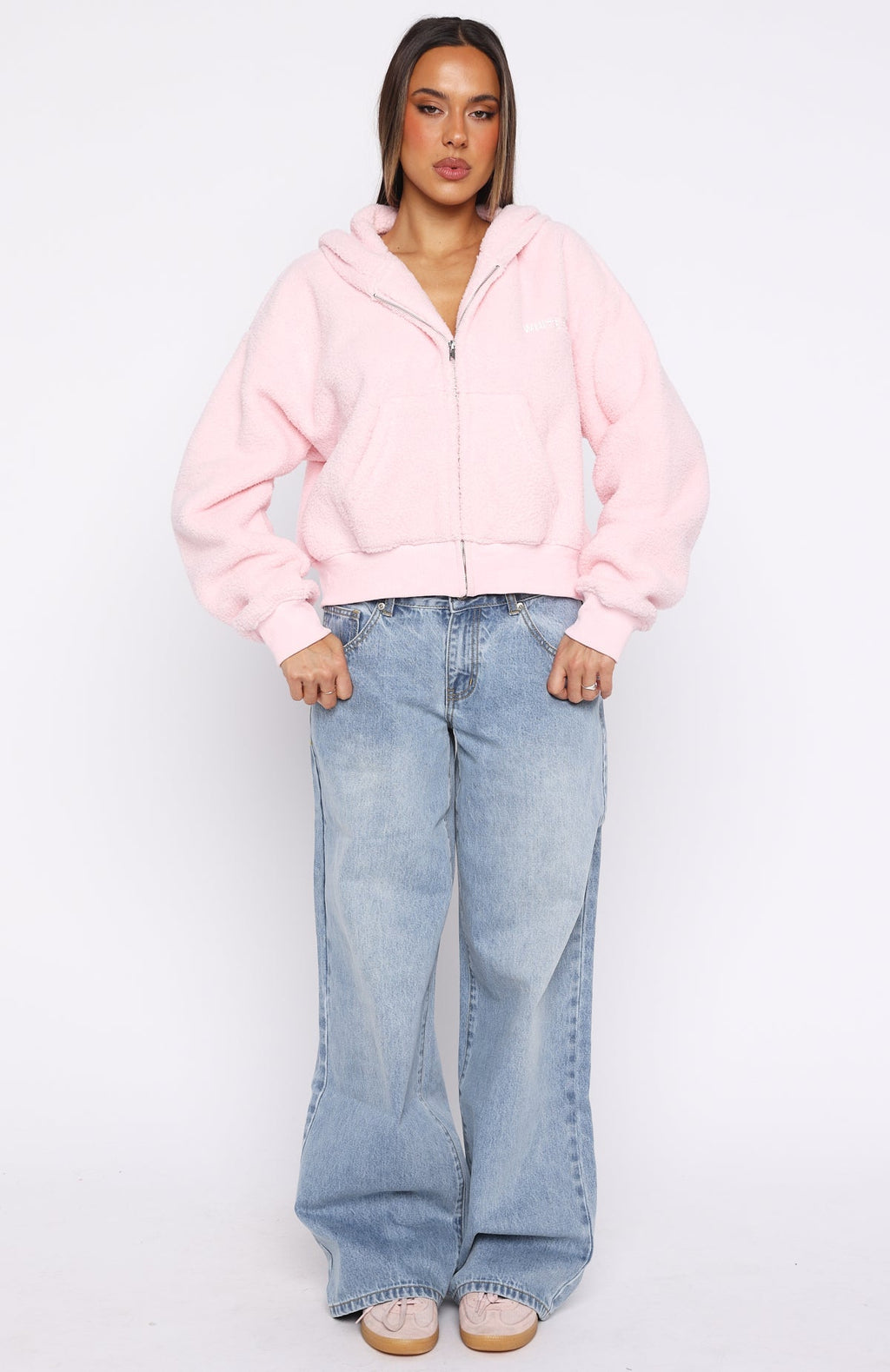 White Fox Always First Teddy Borg Boxy Zip Front Hoodie Pink