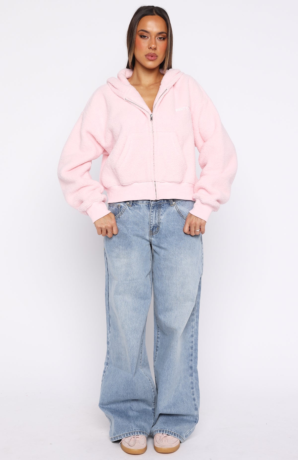 White Fox Always First Teddy Borg Boxy Zip Front Hoodie Pink