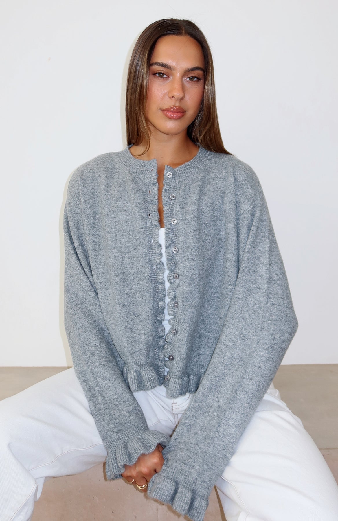White Fox Cardi Club Knit Cardigan Heather Grey