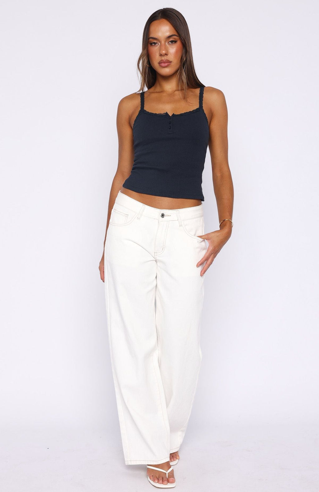 White Fox Holding On To You Lace Trim Top Navy