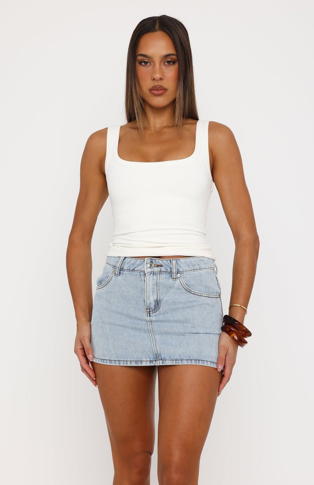 White Fox Peachy Keen Mid Rise Denim Mini Skirt Mid Blue