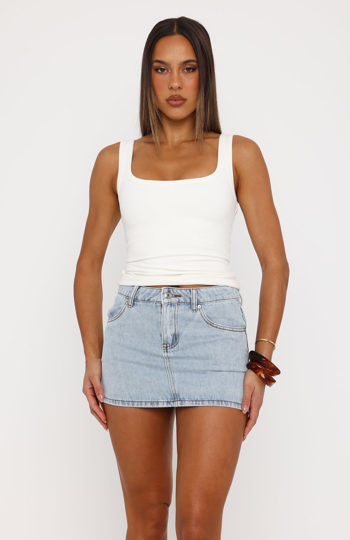 White Fox Peachy Keen Mid Rise Denim Mini Skirt Mid Blue