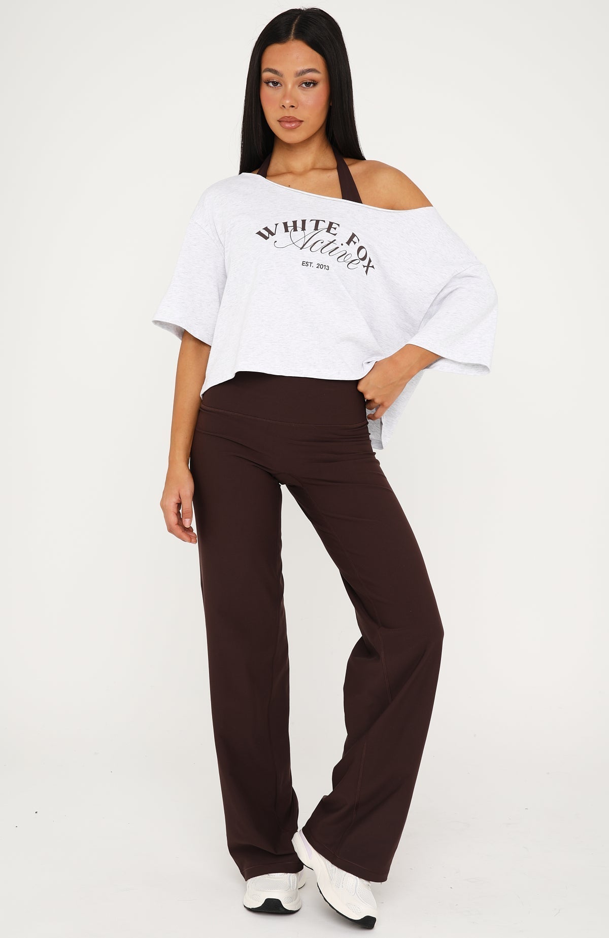 White Fox Far Away Off Shoulder Cropped Tee Grey Marle
