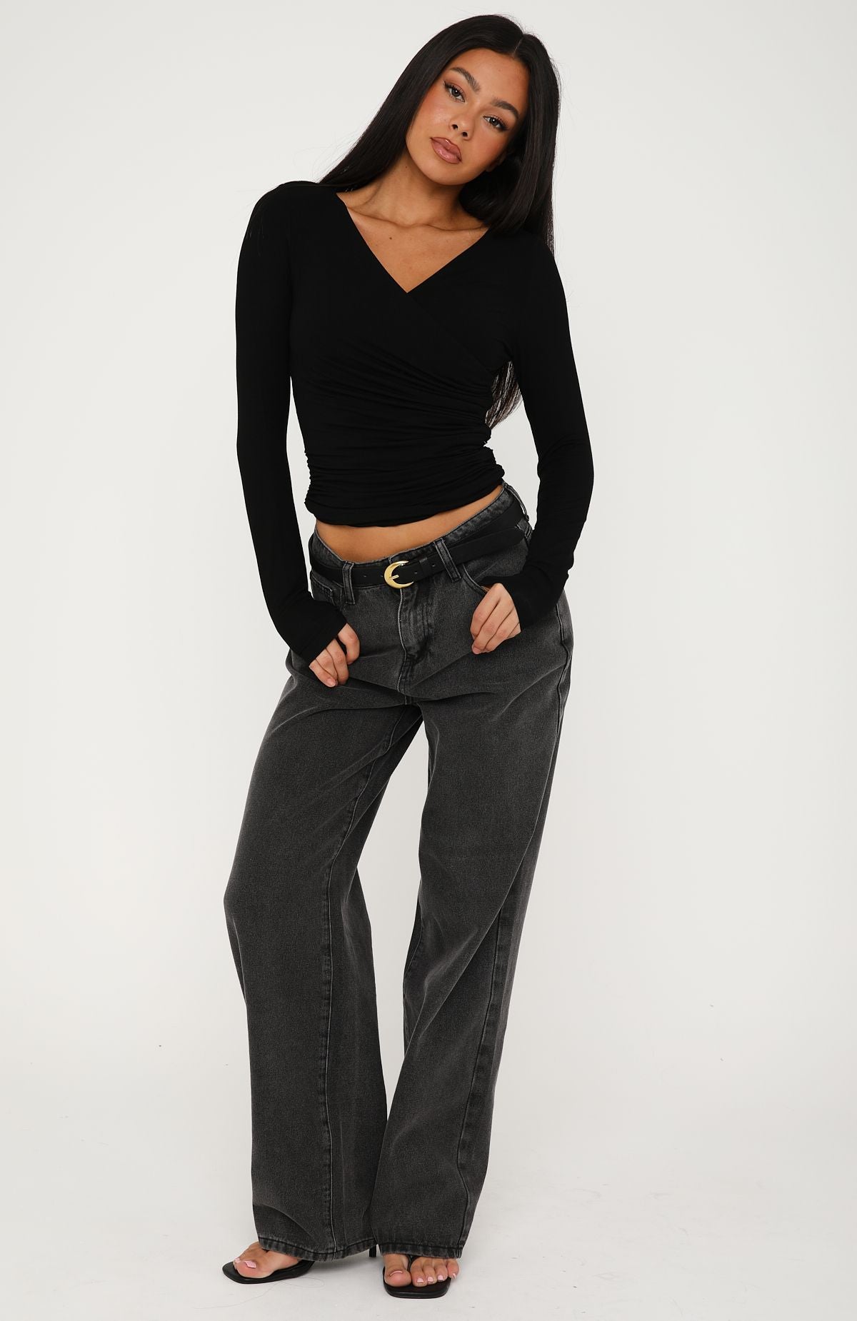 White Fox Sparks Fly Cinched Waist Off Shoulder Long Sleeve Top Black