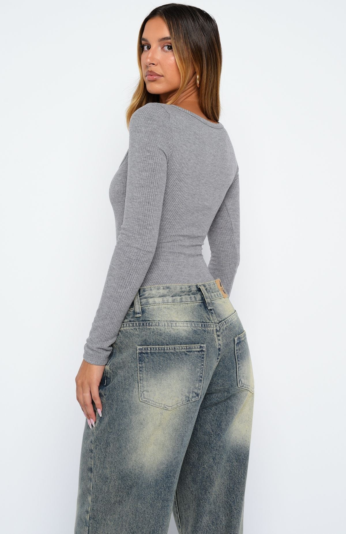 White Fox Easy Weekend Ribbed Long Sleeve Bodysuit Grey