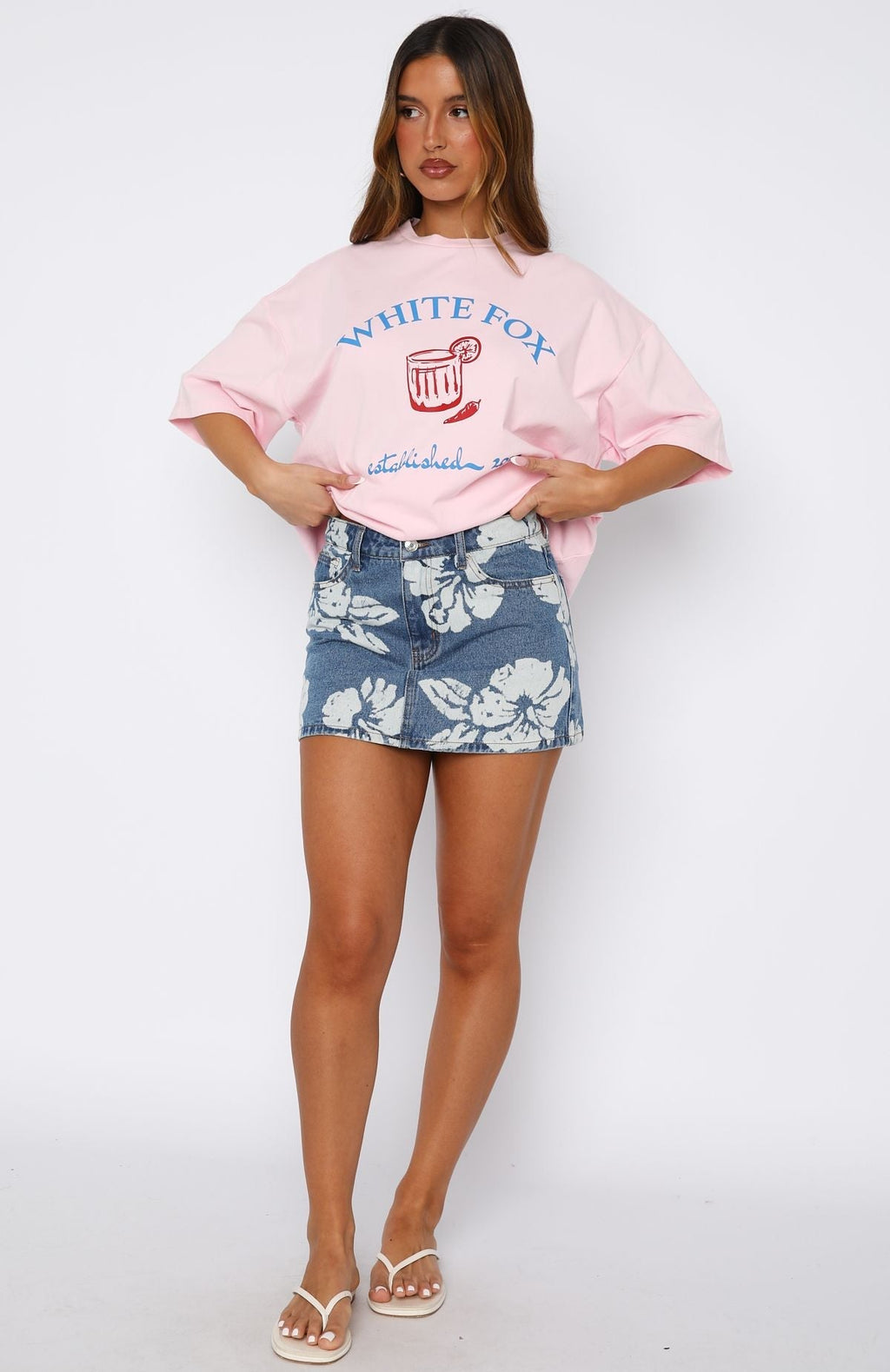 White Fox Won't Stop Searching Denim Mini Skirt Flower Print