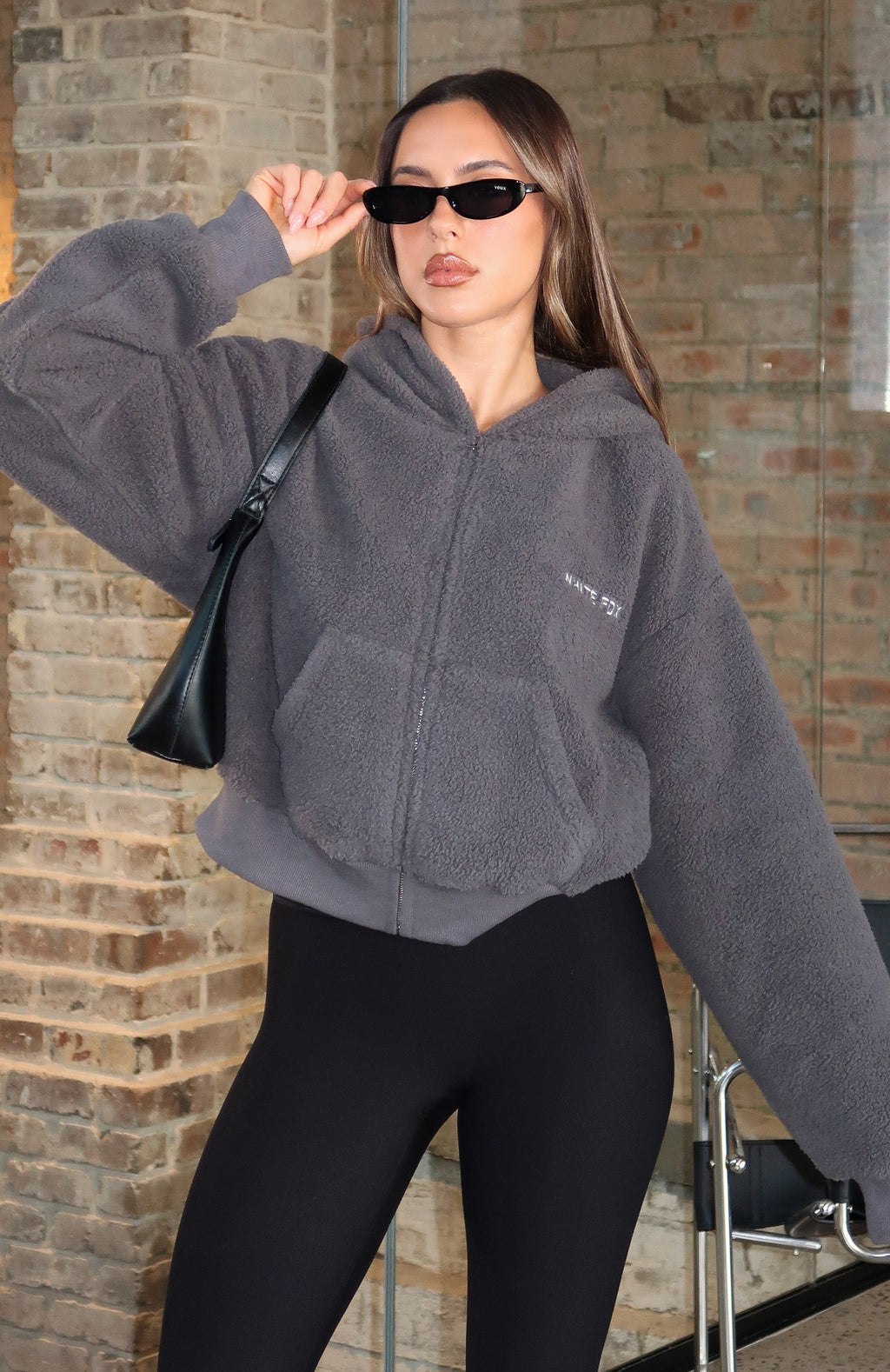 White Fox Always First Teddy Borg Boxy Zip Front Hoodie Charcoal