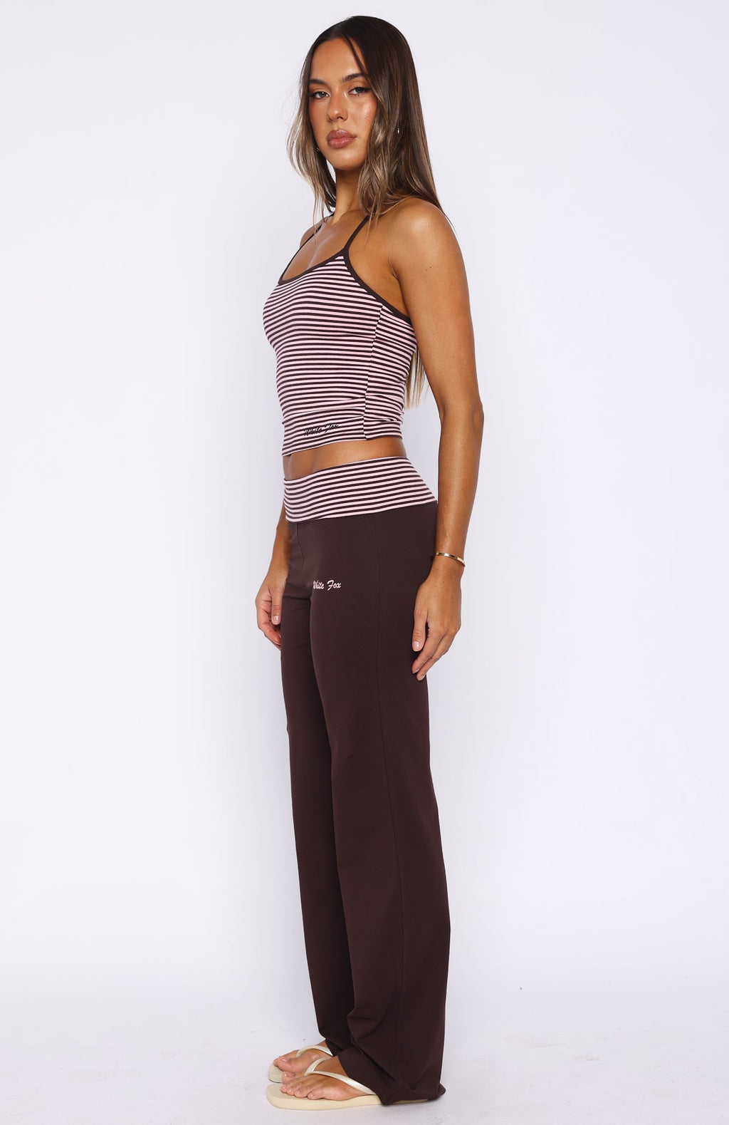 White Fox Lucky Charm Fold Over Pants Choc / Pink Stripe